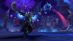 A female Night Elf character with blue hair and horns wields glowing green weapons in a dark, starry, purple realm