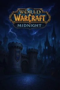 World of Warcraft Midnight expansion logo over a dark, stormy Stormwind castle