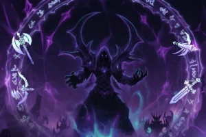 Dark figure in armor with glowing purple runes and weapons surrounding it