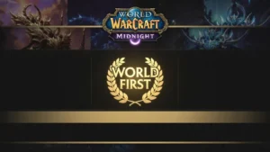World of Warcraft Midnight "World First" logo with laurel wreath on black background
