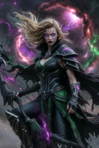 A fierce female archer with glowing purple eyes and dark, ornate armor stands against a cosmic background